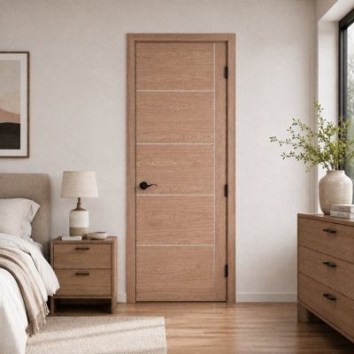Engineered Veneer Walnut Solid Core Wood Flush Prehung Interior Door with Aluminum Strips, Frame