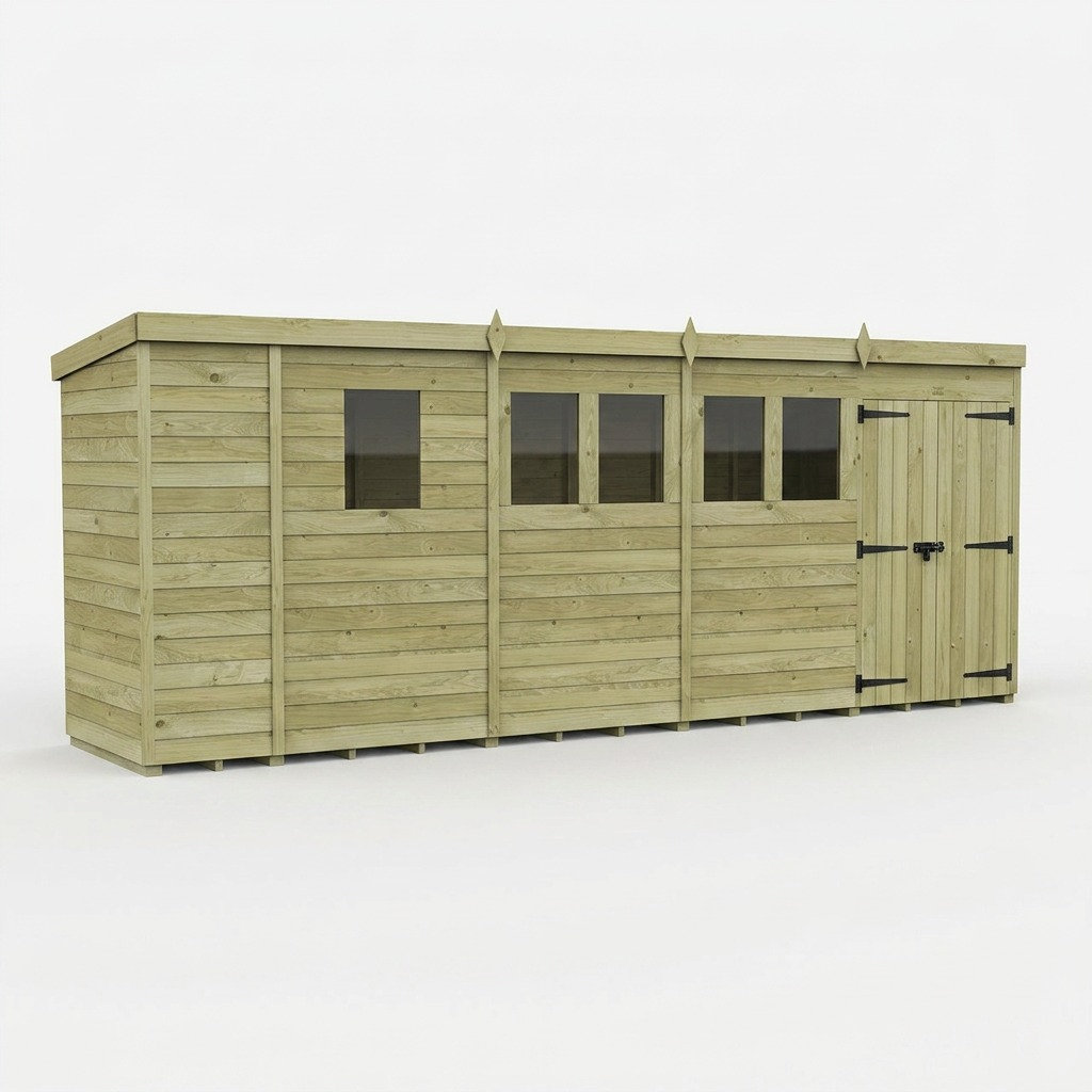 Total Sheds 17ft x 4ft Pent Garden Shed - Double Door - With Windows - Pressure Treated Timber - UK Manufactured