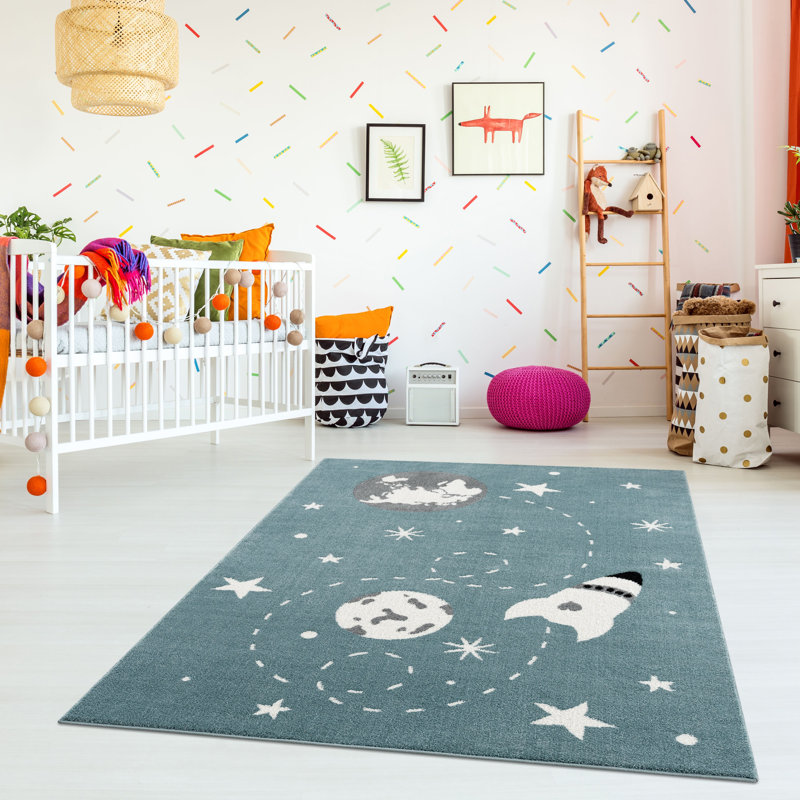 Tapis bleu contemporain Ambrine KID130A, Rectangle 4 pi x 6 pi