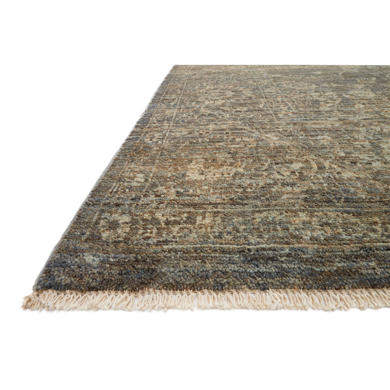 Hannah Hand-Knotted Wool Gray/Blue/Yellow Area Rug, Rectangle 5'6" x 8'6"