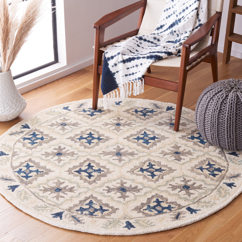 Betsy-Belle Hand Tufted Wool/Cotton Geometric Rug in Blue/Ivory, Round 5'