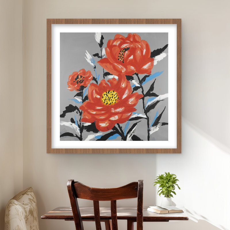 Trois fleurs roses - impression contemporaine encadrée avec passe-partout