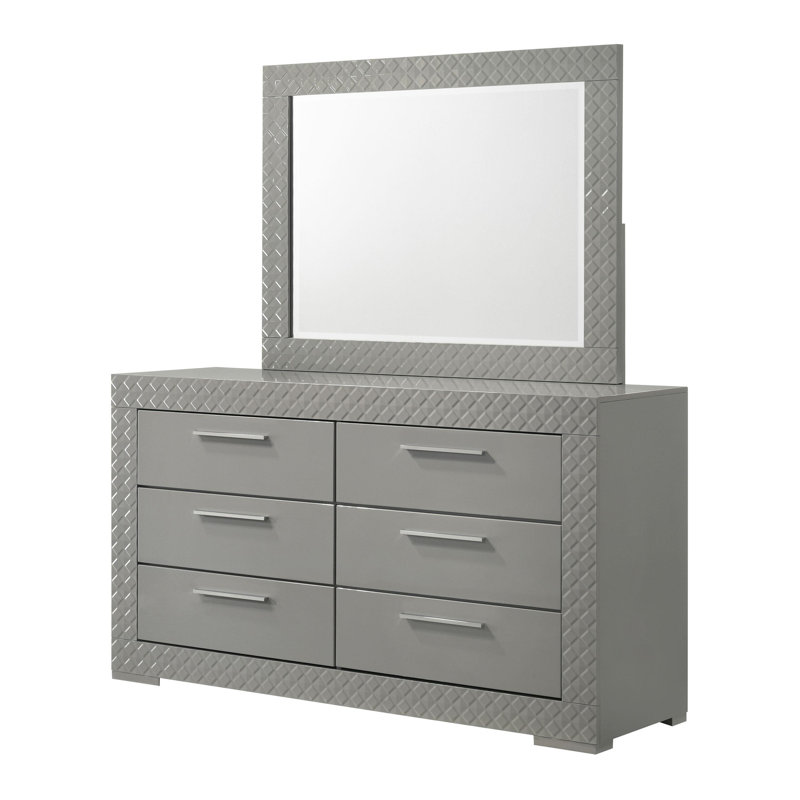 Commode 6 tiroirs et miroir gris ultrabrillant