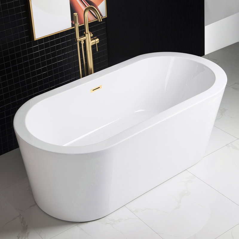 59" x 30" Freestanding Soaking Acrylic Double Ended Bathtub with Wide Rim, Brushed Gold
