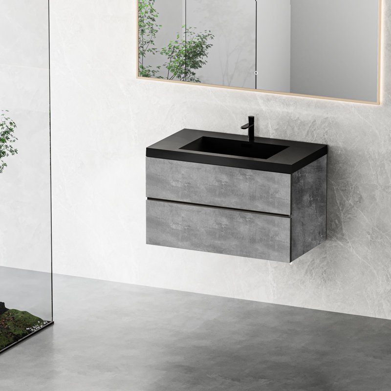 Meuble-lavabo flottant 36 po avec meuble de rangement pour lavabo et cuve à quartz à fermeture en douceur, gris, ciment, design moderne, espace de rangement facile, facile à nettoyer