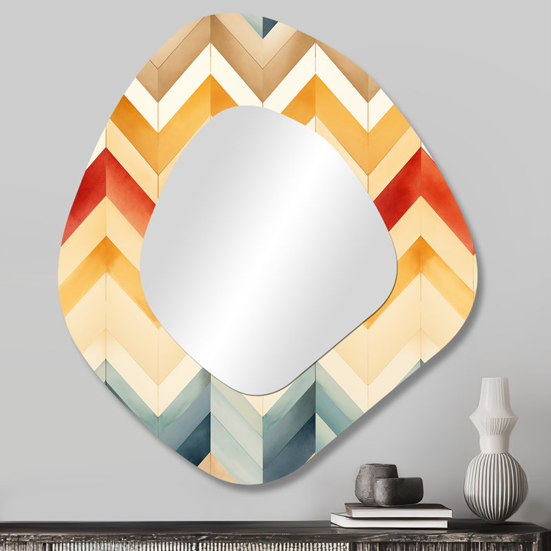 Vintage Boho Ivory Chevron - Chevron Unique Shape Decorative Mirror, Glam Asymmetrical Large Wall Mirror, Printed Metal Art
