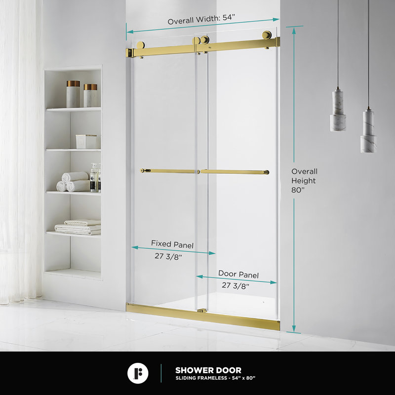 Porte de douche coulissante double sans cadre l 54 po x H 80 po, laiton satiné, Laiton satiné
