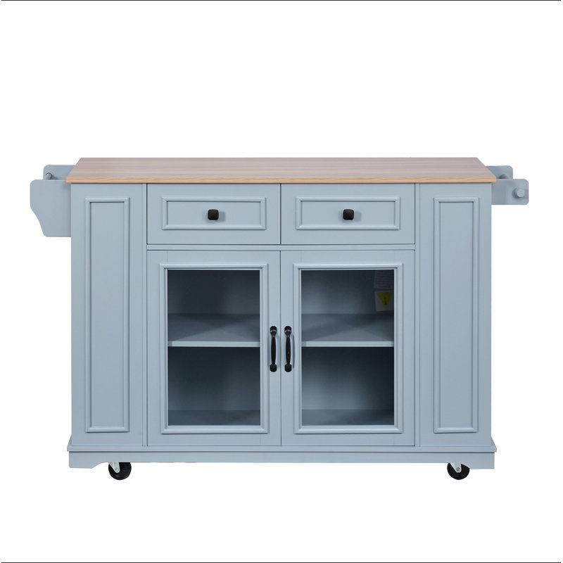 54" Mobile Kitchen Island with Glass Door Storage, Power Outlet & Open Shelves, Rolling Kitchen Cart with Towel Rack, Spice Rack & Knife Holder, Functional Kitchen Prep Table for Kitchen, Dining