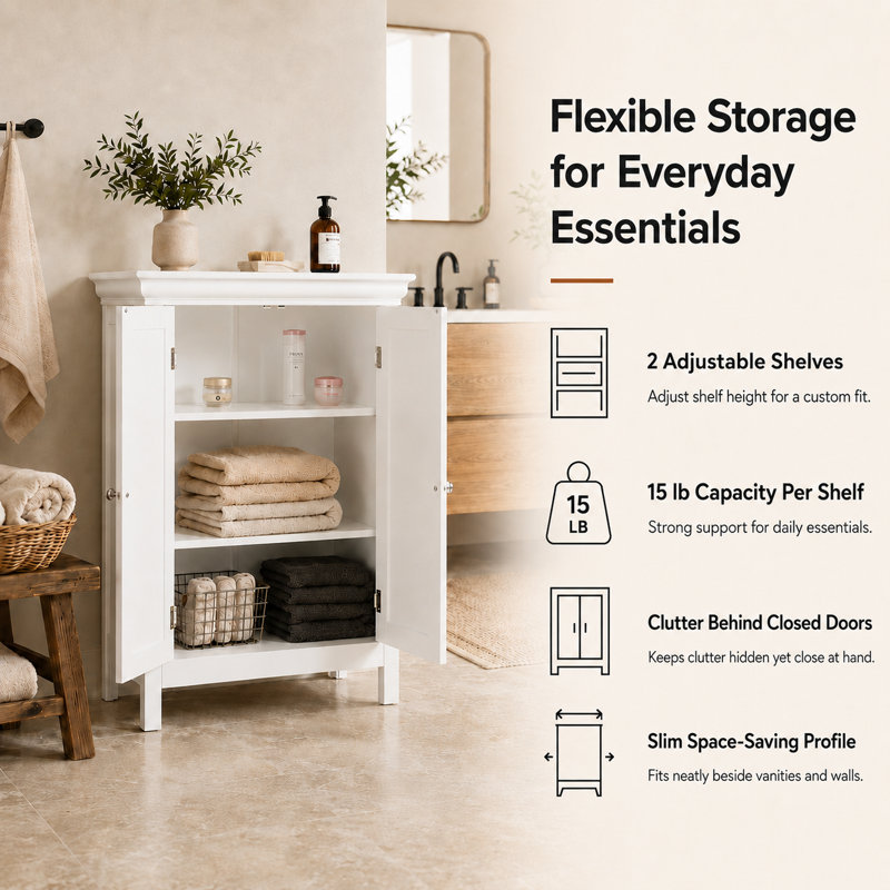 Nantwich Freestanding Two-Door Floor Accent Bathroom Storage Cabinet with Adjustable Interior Shelves, White