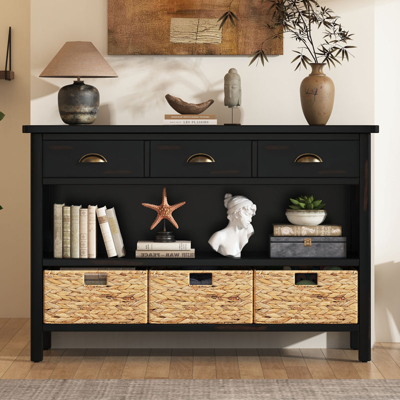 Commode de rangement avec 3 tiroirs et paniers tissés, Espresso