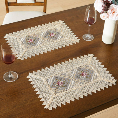 Lace Placemats Set Of 2. 18 Inch Crochet Doilies Are Embroidered With Intricate Flower Design