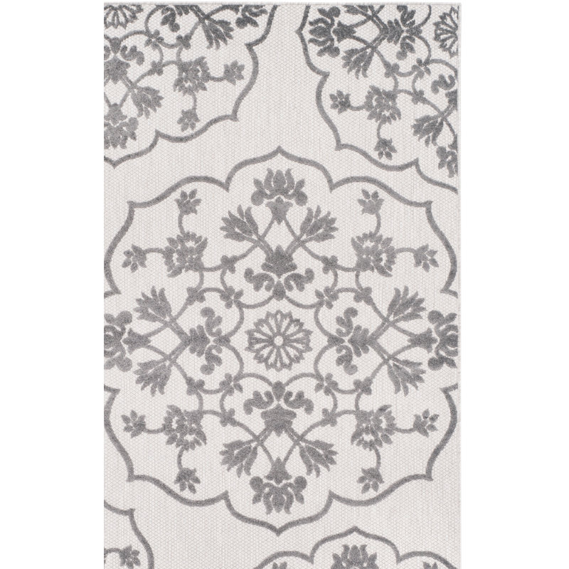 Tapis d'intérieur / extérieur gris / crème à motif floral Parke, Rectangle 4 pi x 6 pi