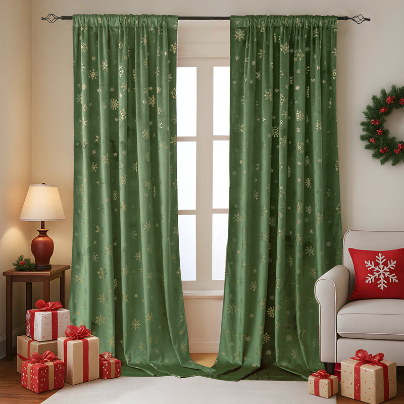 Christmas Green Velvet Curtains 108 Inches Long 2 Panels for Bedroom Living Room Gold Snowflake Holiday Decor Thermal Insulated Room Darkening Rod Pocket Window Treatments Drapes, 52X108