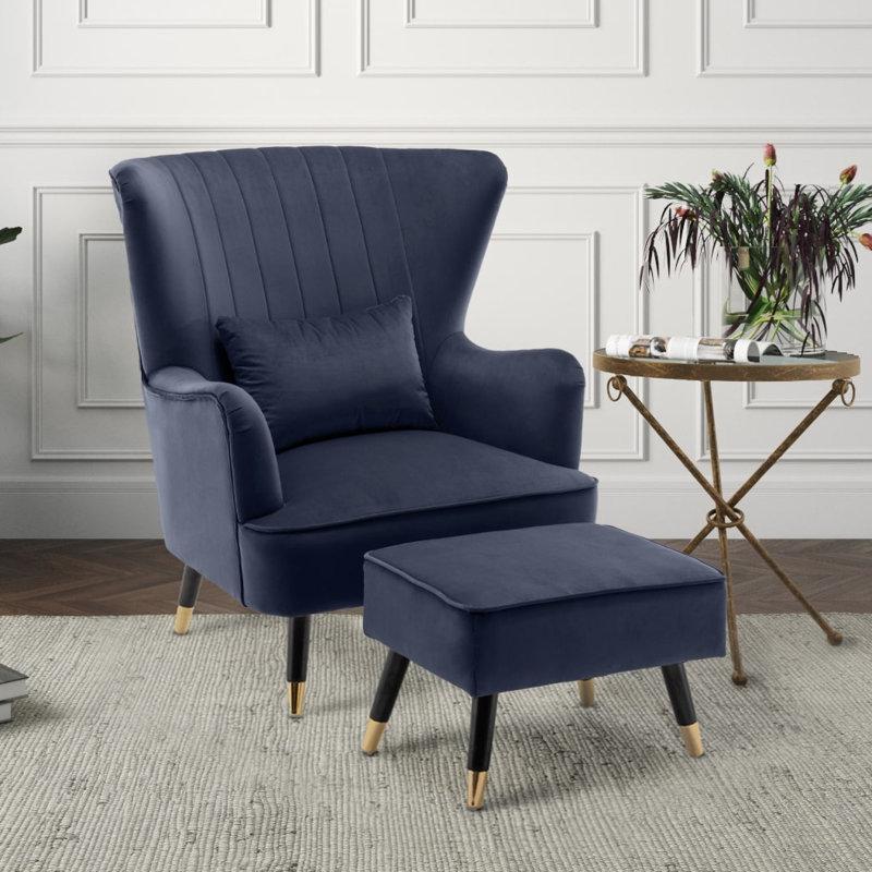77Cm Wide Plush Velvet Modern Wingback Chair and Ottoman, Navy Blue