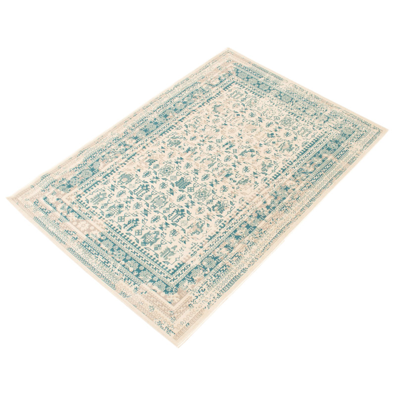 Ensemble de tapis oriental ivoire / bleu Wolfhurst, Rectangle 5 pi 3 po x 7 pi 7 po