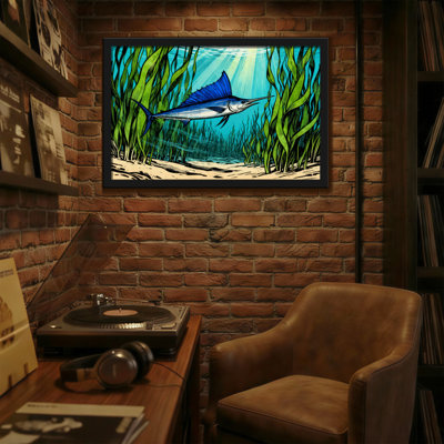 Animals Blue Marlin Swimming Through Seagrass Underwater Scene