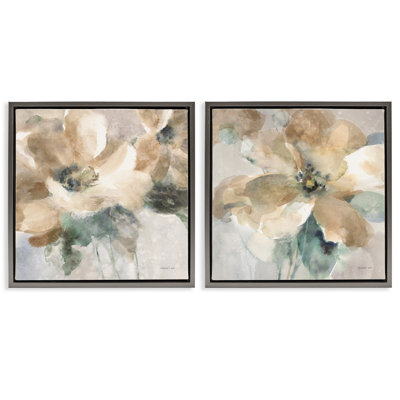 Abstract Beige Flowers 2 Piece Gray Framed Floater Canvas Set by Danhui Nai