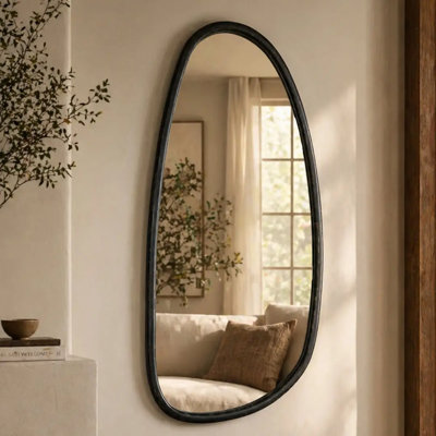 Wall Mirror with Blackwash Mango Wood Frame, Black, 28x60"