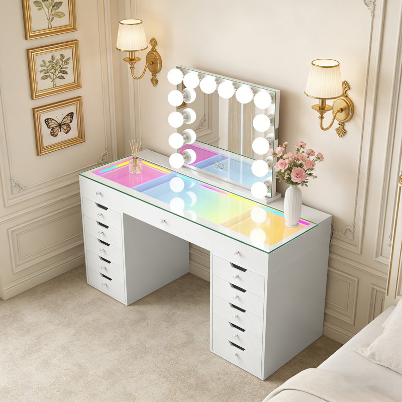 Grande coiffeuse de 150 cm avec miroir lumineux DEL, plateau en verre HD, bandes lumineuses DEL intégrées, 13 grands tiroirs, assemblage facile en 3 pièces.