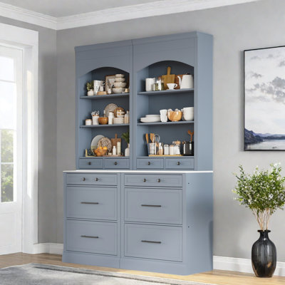 Modern High Kitchen Pantry With Faux Marble Top, 5 Drawers And An Adjustable Shelf, Set Of 2 by Everly Quinn