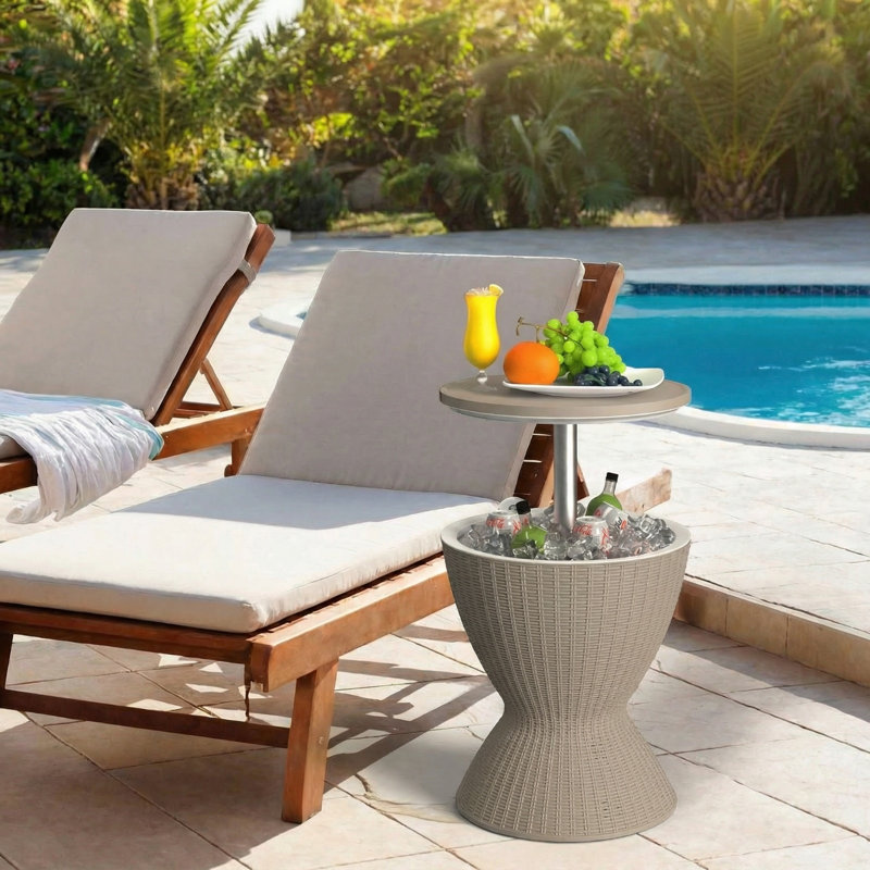 Seau à glace en rotin 30l pour l'extérieur, glacière 3 en 1 et table d'appoint, Brun