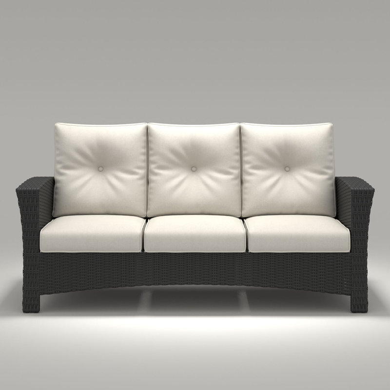Canapé à accoudoirs très large en osier pour l'extérieur avec dossier haut et coussins moelleux, Beige, Noir