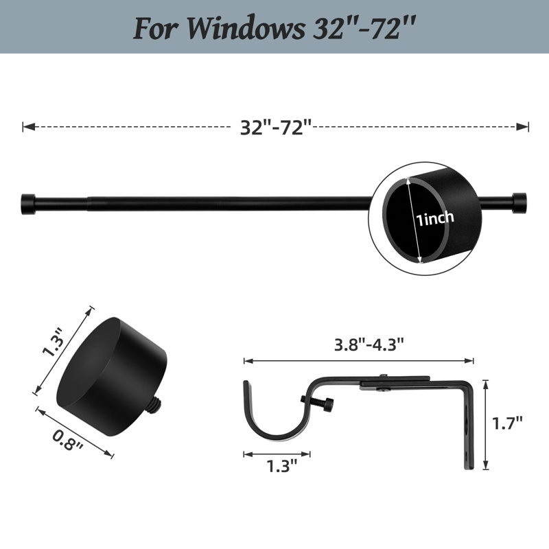 Tringles à rideaux noires de 1 po de diamètre avec embout robuste, 32" - 72"