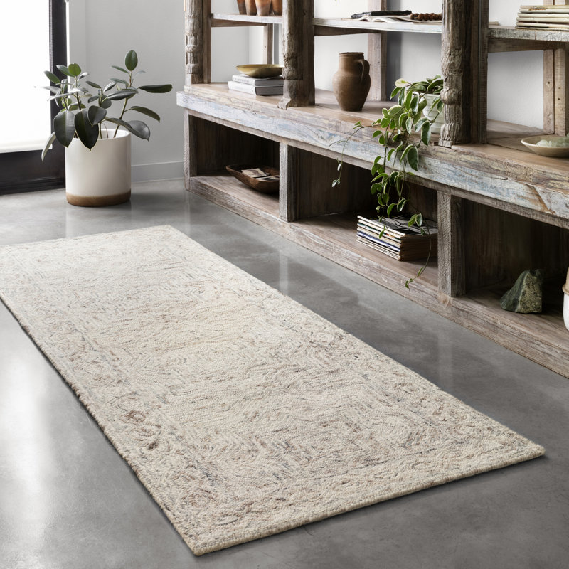 Tapis beige en laine touffeté à la main Yancheva, Tapis de couloir 2 pi 6 po x 13 pi