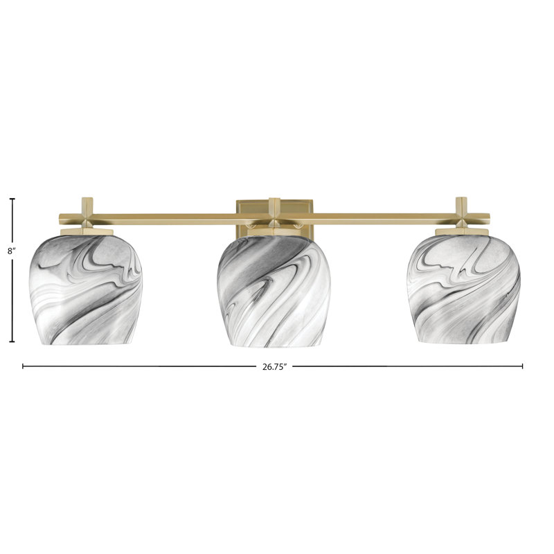 Barre de salle de bain Finola avec verre tourbillonnant onyx, H 8 po x l 26,75 po x P 7,25 po, Laiton New Age, 3 lumières