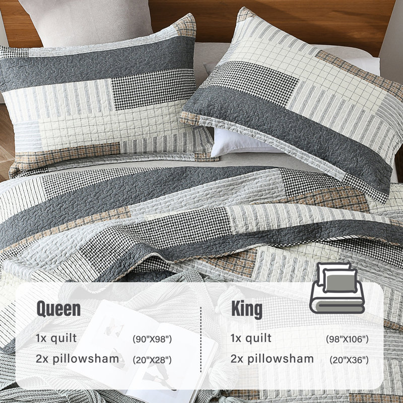 King Size Grey Tan Black Cotton Patchwork Quilt Set