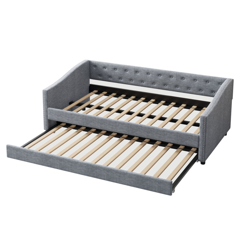 Lit de jour simple avec canapé-lit capitonné de taille simple, avec bouton sur le dos et clou en cuivre sur les bras ondulés - gris clair