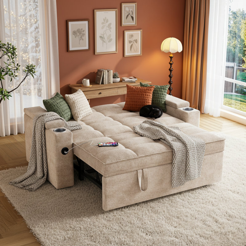 65" Convertible Sleeper Sofa With Pull-Out Bed, Loveseat Sofa Bed with Adjustable Backrest & 360° Swivel Side Table, Khaki