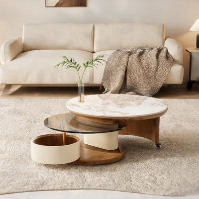 Ensemble de tables basses gigognes en faux marbre et verre rond, blanc doux et noyer, 31,5 pouces, pour le salon
