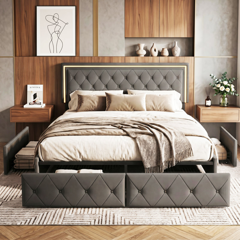 EU Double & King PU Storage Bed With 4 Drawers & LED Headboard, Faux Leather Upholstered Frame,  Beige & Grey, Grey