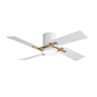 48'' Flush Mount Ceiling Fan with Light 4 Two-color Blades, Dimmable, 6-Speed Reversible DC Motor Ceiling Fan Remote, White and NAB Gold