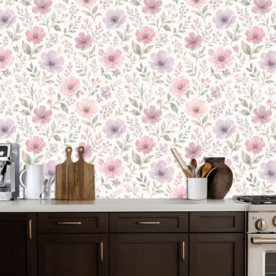 Papier peint adhésif autocollant à motif de ferme à motif floral rose à motif de peler et coller amovible pour armoires de cuisine de chambre à coucher 17,7 po x 118 po