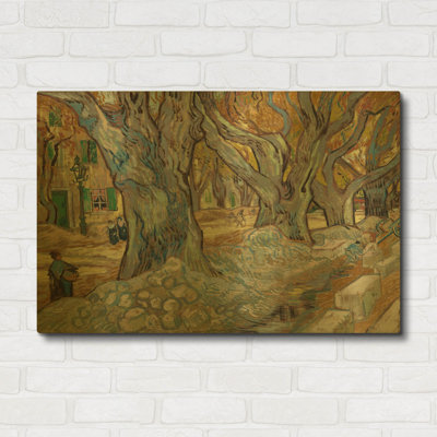 «The Large Plane Trees (Road Mender At Saint-Remy) 1889» par Vincent Van Gogh, art mural en métal doré, 36 po x 24 po