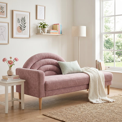 Modern Rainbow-Inspired Curved Backrest Chaise Lounge with Tapered Wood Legs, Pink Linen