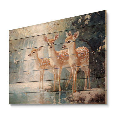 Deer Family By A Waterfall I - Art mural moderne sur bois de pin naturel