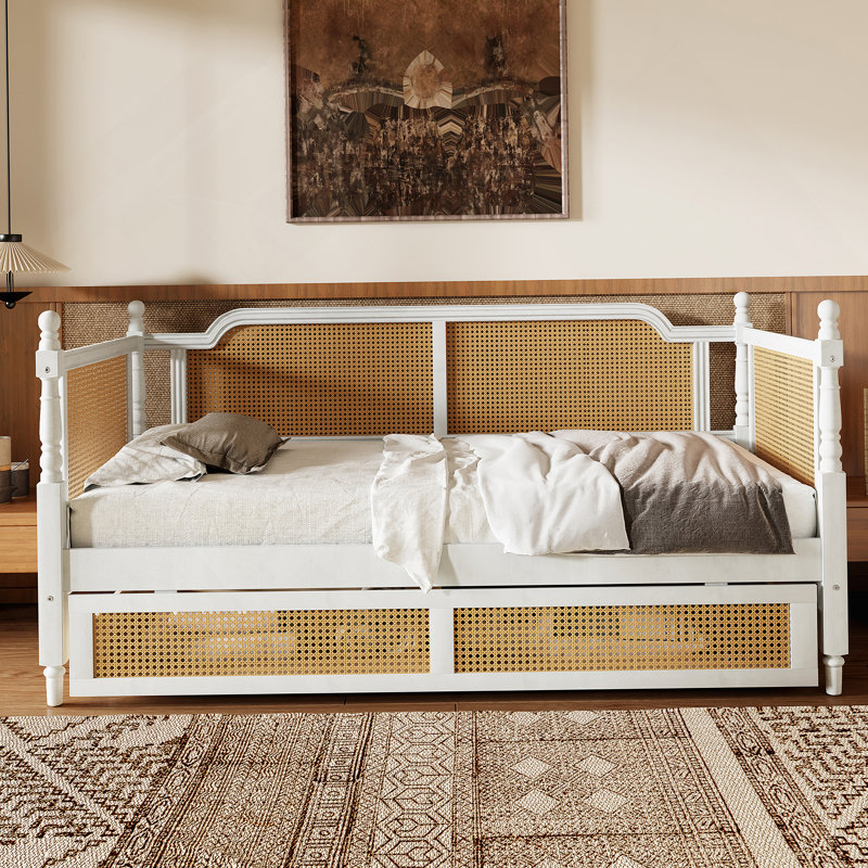 Lit de jour en rotin avec 2 tiroirs, Lit simple, Blanc antique