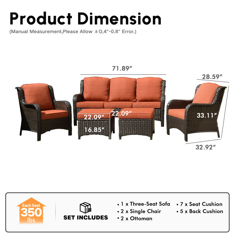 5 - Person Outdoor Conversation Set, Wicker Patio Sofa & Chair Set with Cushions, Orange Red Cushion/Brown Frame