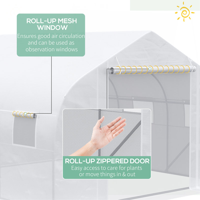12' X 10' X 7' Walk-In Greenhouse, Tunnel Green House With Zippered Mesh Door And 6 Mesh Windows, Gardening Plant Hot House With Galvanized Steel Frame, White