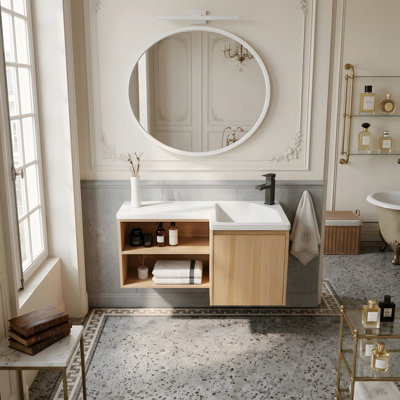 36" L-Shaped Floating Bathroom Vanity with Resin Sink and Multifunctional Storage Cabinet