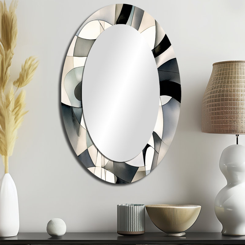 Abstract Neutral XIII - Large Oval Wall Mirror On Metal, 36" x 24"
