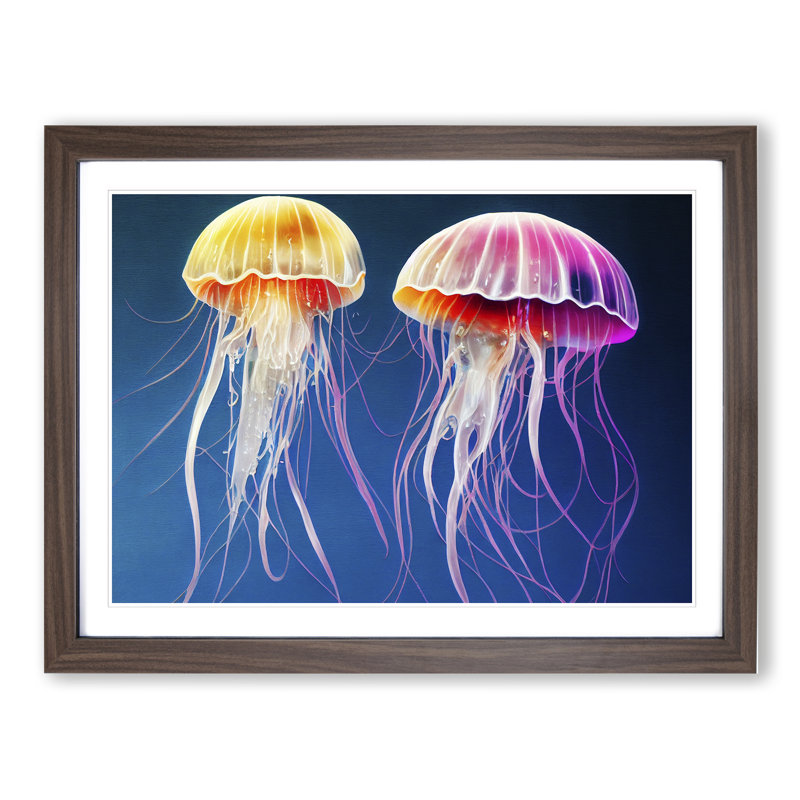 Jellyfish - Single Picture Frame Print, 25cm H x 34cm W x 2cm D, Walnut