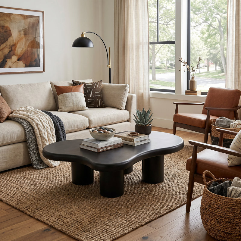 48" Modern Cloud-Shaped Coffee Table with 4 Chunky Cylindrical Legs, Black
