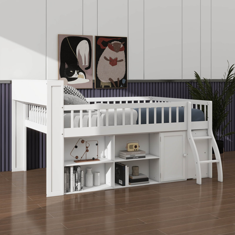 Queen-Sized Wooden Loft Bed Frame With Storage Headboard & LED Light, Low-Profile Loft Bed With Integrated Storage, Grand lit