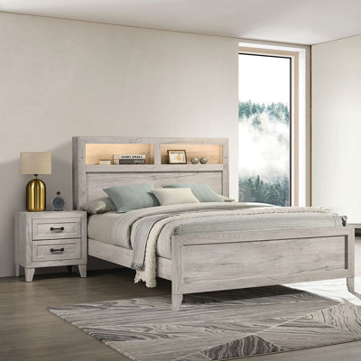 3pc Bedroom Furniture White wash Finish Bed w Shelf Light 2x Nightstands