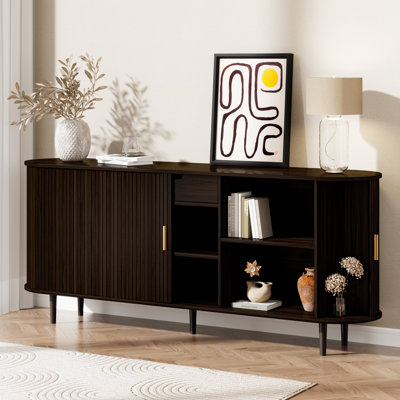 Buffet 70 po avec portes tambour rondes, grand tiroir de rangement, tablettes réglables et pieds en bois massif pour la salle à manger, le salon et le vestibule