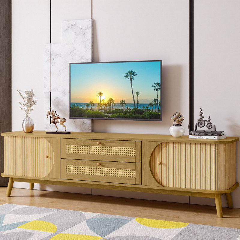 Elegant Rattan TV Stand for TVs up to 75", Modern Farmhouse Media Console with Solid Wood Legs, Perfect for Living Room or Home Theater